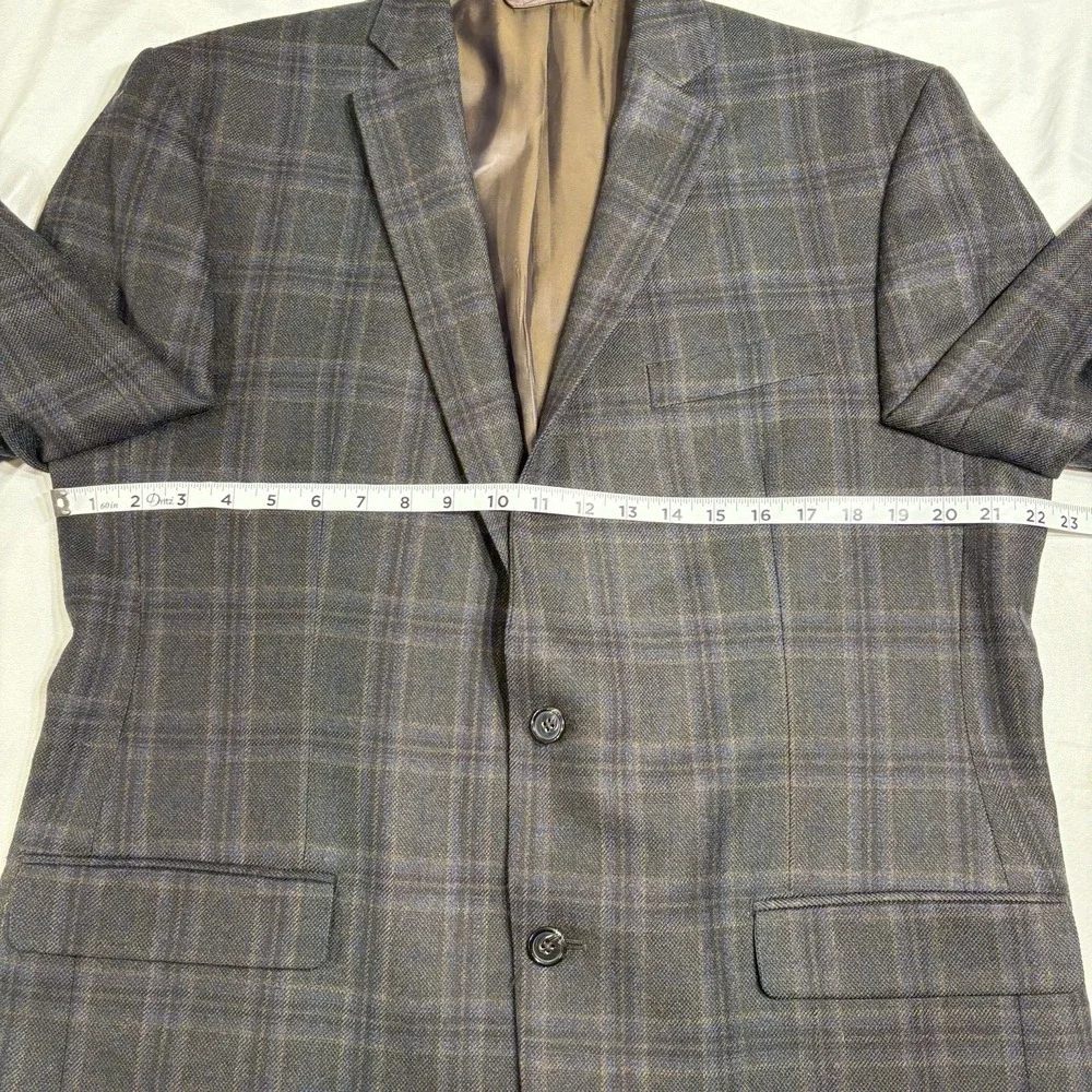 Lauren‎ Ralph Lauren Blazer 44L Wool Elbow Patches Brown Blue Windowpane Plaid